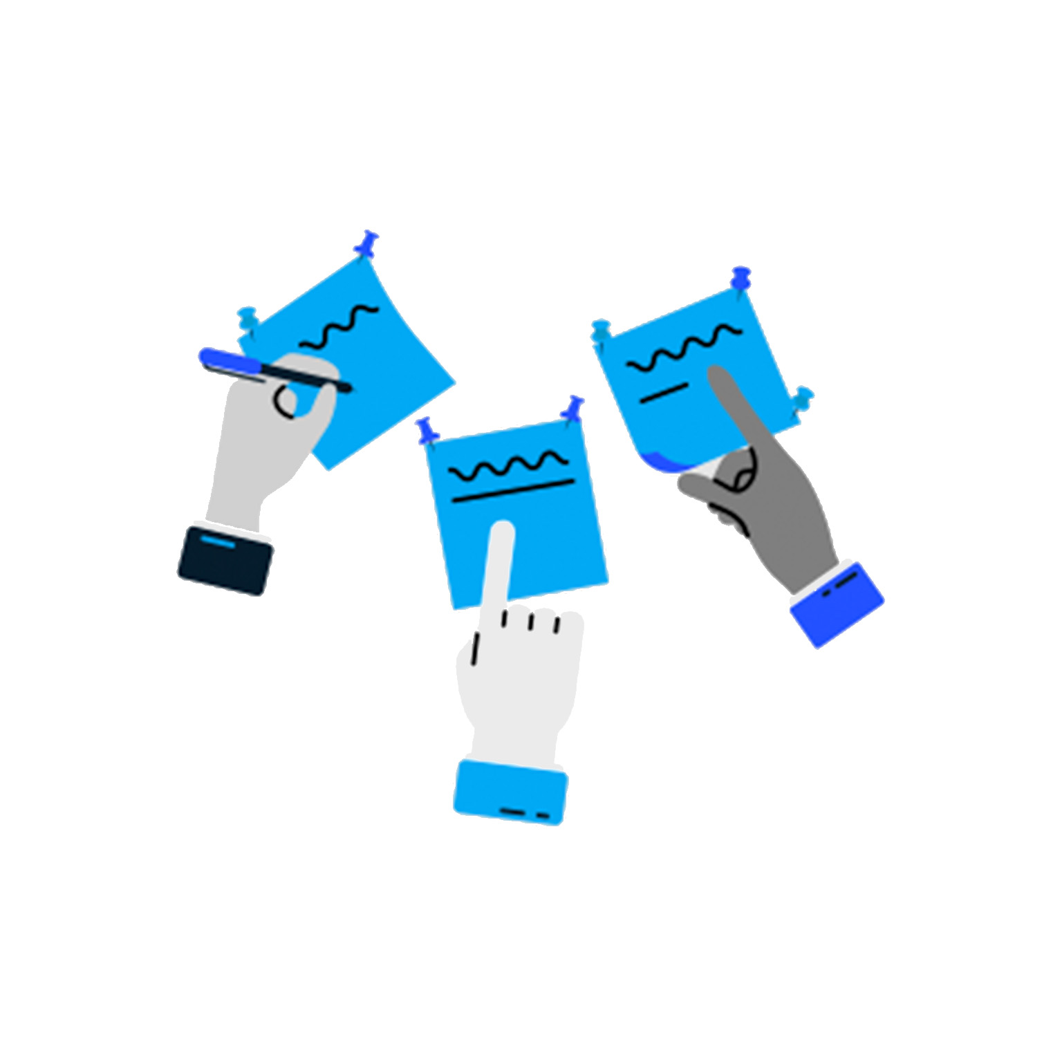 An illustration of three hands from different people collaborate on blue sticky notes, symbolizing the program’s interactive workshops.