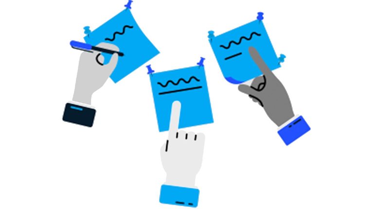 An illustration of three hands from different people collaborate on blue sticky notes, symbolizing the program’s interactive workshops.