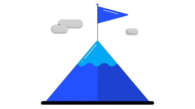 An illustration of a blue mountain with a flag planted at the peak, representing the culmination of the A2E program.